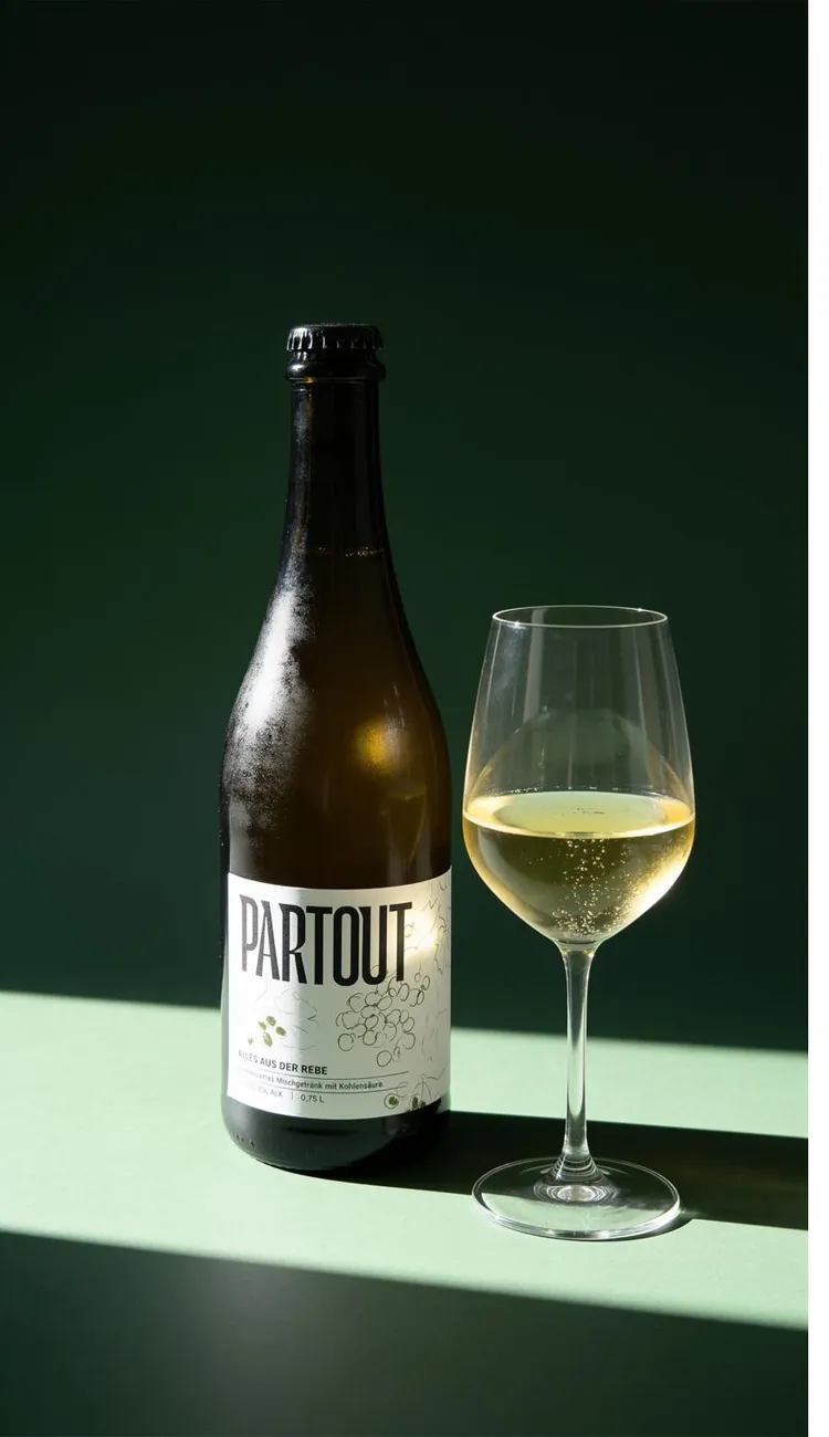PARTOUT Flasche mit gefülltem Weinglas im Tageslicht